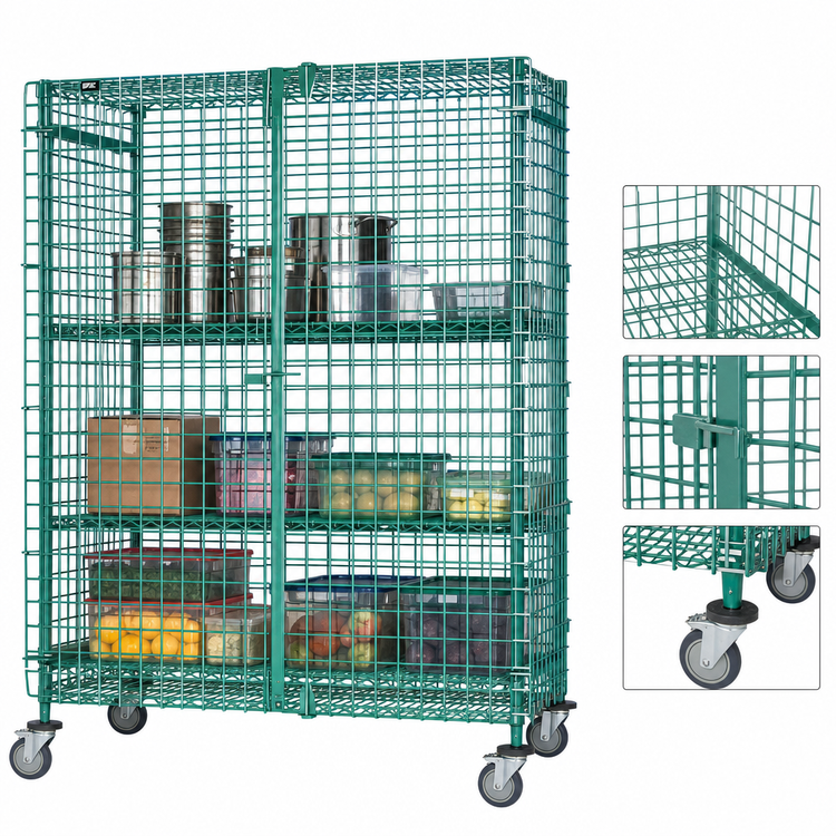Product image #3 for Quantum Mobile Security Unit, 60"W x 21"D x 69"H, Green Epoxy Antimicrobial, with Top/Bottom Shelves, Panel Doors, and Casters