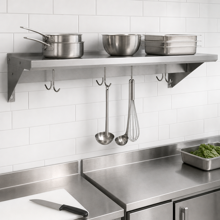 Product image #3 for BK Resources Economy Wall-Mount T-430 Stainless Steel Pot Rack Shelf, 24 x 12 Inches
