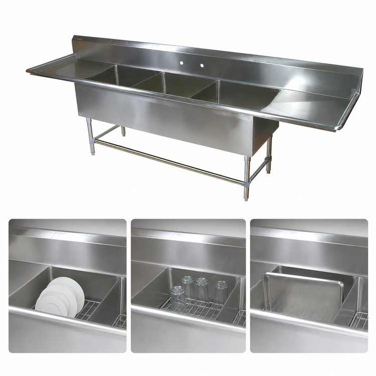 Product image #3 for John Boos Pro-Bowl 3-Compartment Sink with Left and Right Drainboards, 18" x 24" x 12" Bowls, 14-Gauge Type 300 Stainless Steel