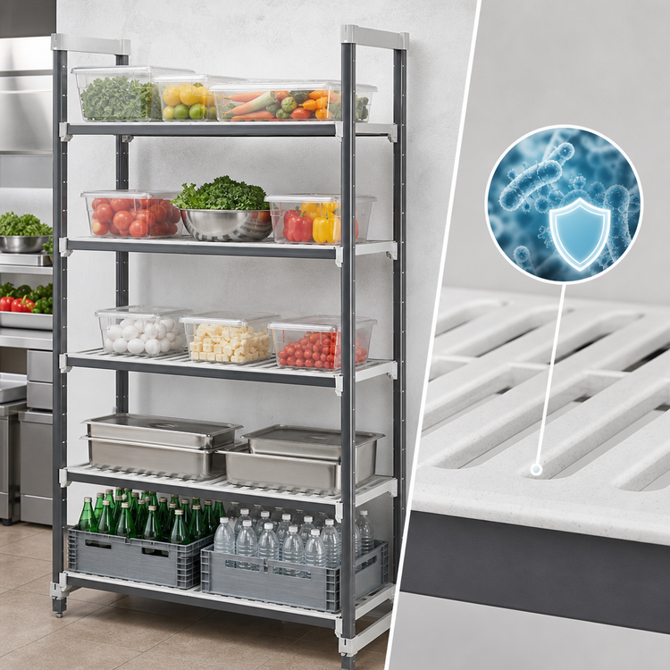 Product image #3 for Cambro Camshelving® Elements XTRA 5-Tier Stationary Starter Polymer Shelving Unit, 18" Deep x 72" Wide x 84" High, Speckled Gray