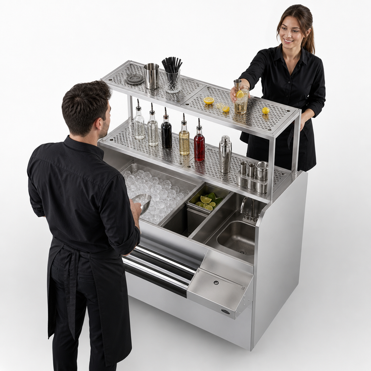 Product image #4 for Royal Series 54-Inch Pass-Thru Underbar Ice Bin/Cocktail Station with Left Ice Bin, 10-Circuit Cold Plate and Dual Dump Sinks