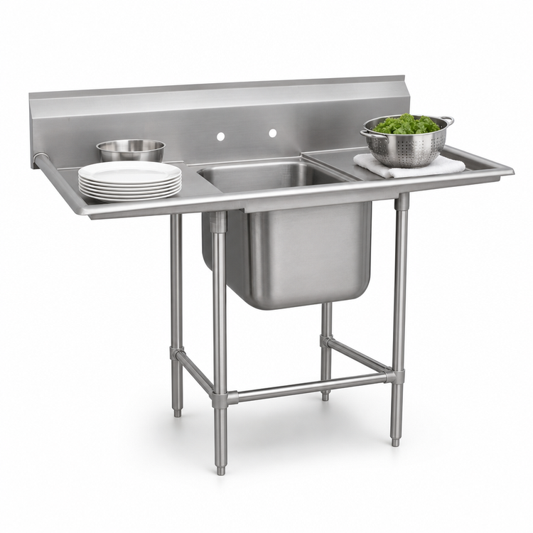 Product image #3 for Advance Tabco Regaline 1-Compartment Sink with Left and Right Drainboards, 24 x 24-Inch Bowl, 14-Gauge 304 Stainless Steel