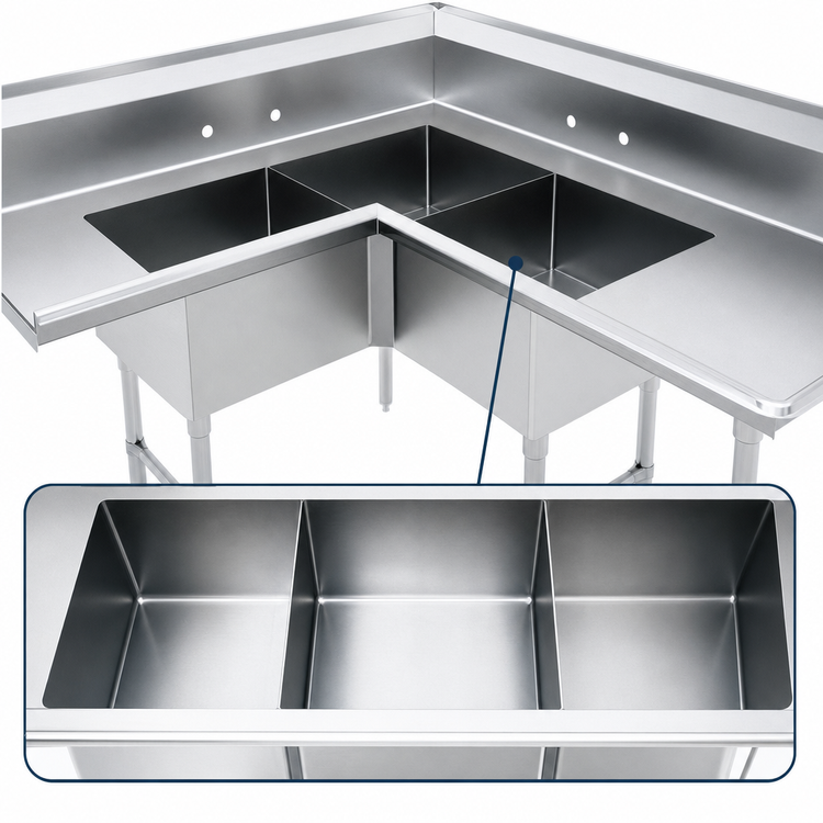 Product image #3 for Advance Tabco Corner 3-Compartment Sink Dishtable with 24-Inch Drainboard, 71-Inch Wide