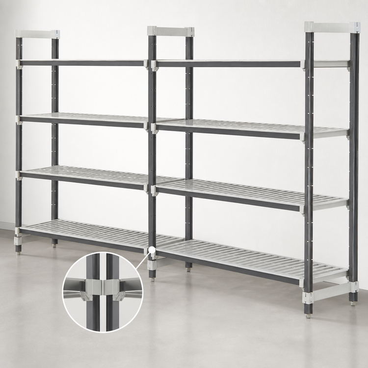 Product image #3 for Cambro Camshelving Elements XTRA Polymer Stationary Add-On Shelving Unit, 18" Deep x 42" Wide x 72" High, 4-Tier, Speckled Gray