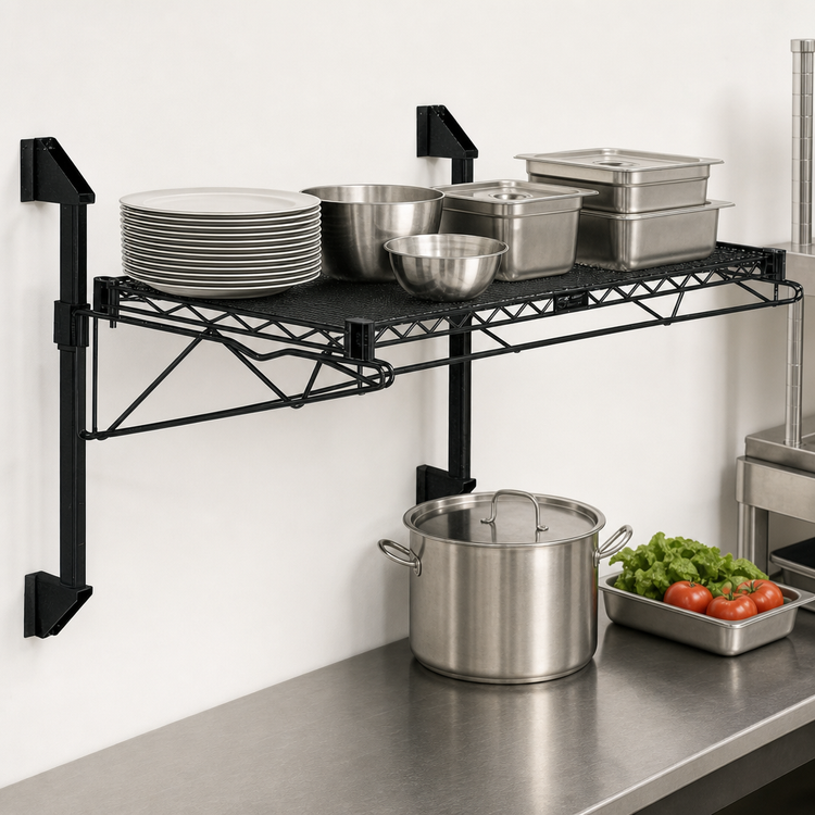 Product image #3 for Quantum Cantilever Single Shelf Wall-Mount Wire Shelving Kit, 60 x 12 Inches, Black Epoxy Antimicrobial Finish