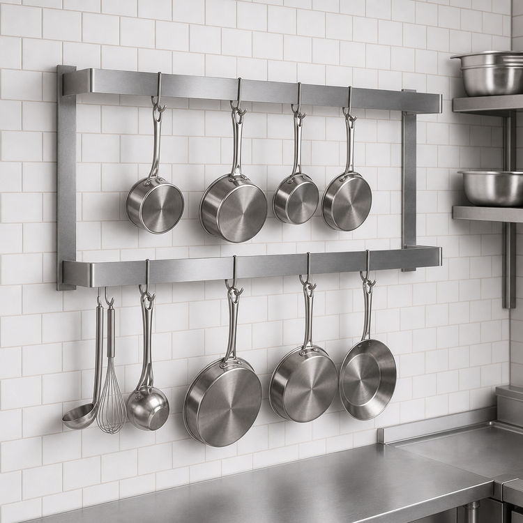 Product image #3 for John Boos PRW21 Wall-Mount Double-Bar Stainless Steel Pot Rack, 48 Inch, 8 Hooks