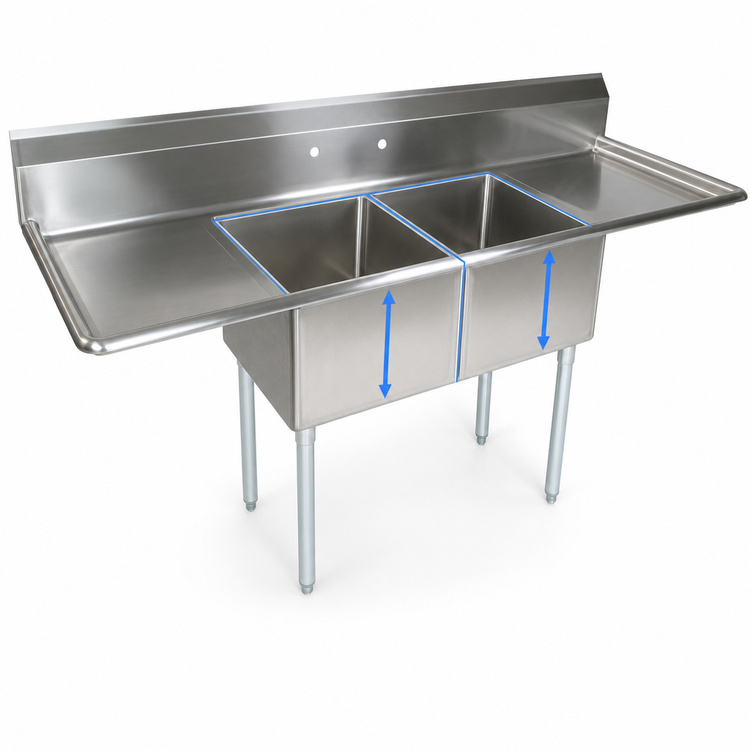 Product image #3 for John Boos E-Series 72-Inch 2-Compartment Sink with Dual Drainboards, 12-Inch Deep Bowls, 18-Gauge Stainless Steel
