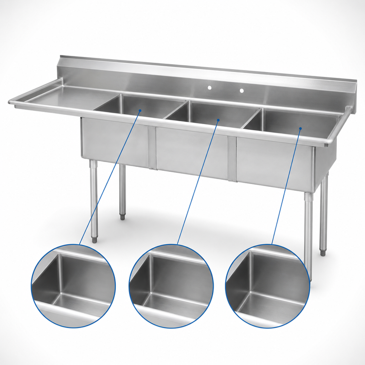 Product image #3 for Advance Tabco Special Value Series 3-Compartment Floor Model Fabricated Sink with 15-Inch Left Drainboard