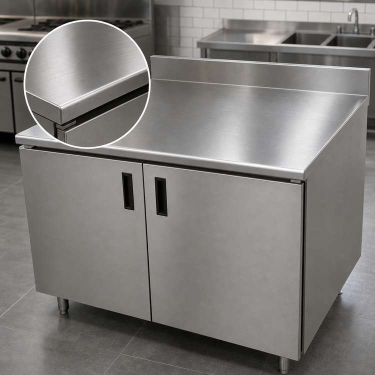 Product image #3 for Advance Tabco Enclosed Work Table with Cabinet Base, Mid-Shelf, Hinged Doors, 14 Gauge 304 Stainless Steel Top and 5 Inch Backsplash, 120 x 36 Inches