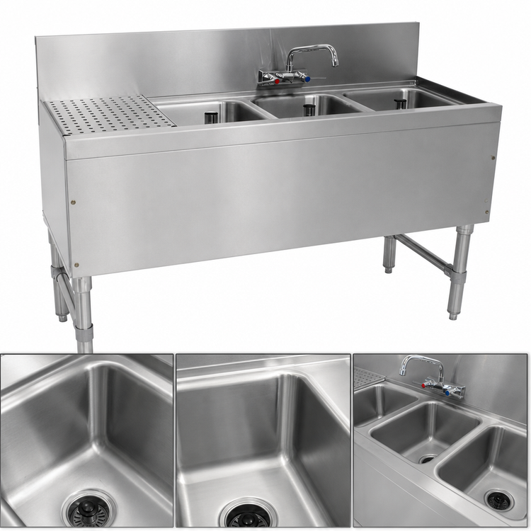 Product image #3 for Advance Tabco Prestige 3-Compartment Stainless Steel Underbar Sink Unit with Left Drainboard and Faucet, 60 x 20 x 36 Inches