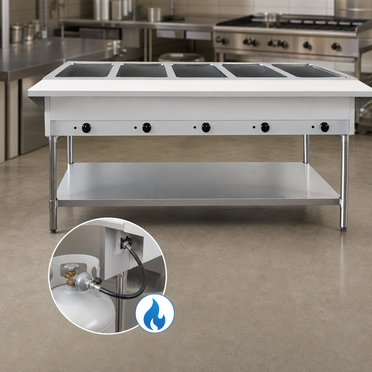 Product image #3 for Omcan USA 72-Inch LP Gas Steam Table with 5 Full-Size Pan Capacity, Cutting Board and Undershelf