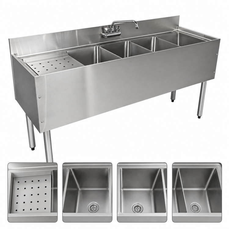Product image #3 for CHOICE Four-Compartment Underbar Sink Unit, 48 Inch W x 19 Inch D, 4 Inch Backsplash