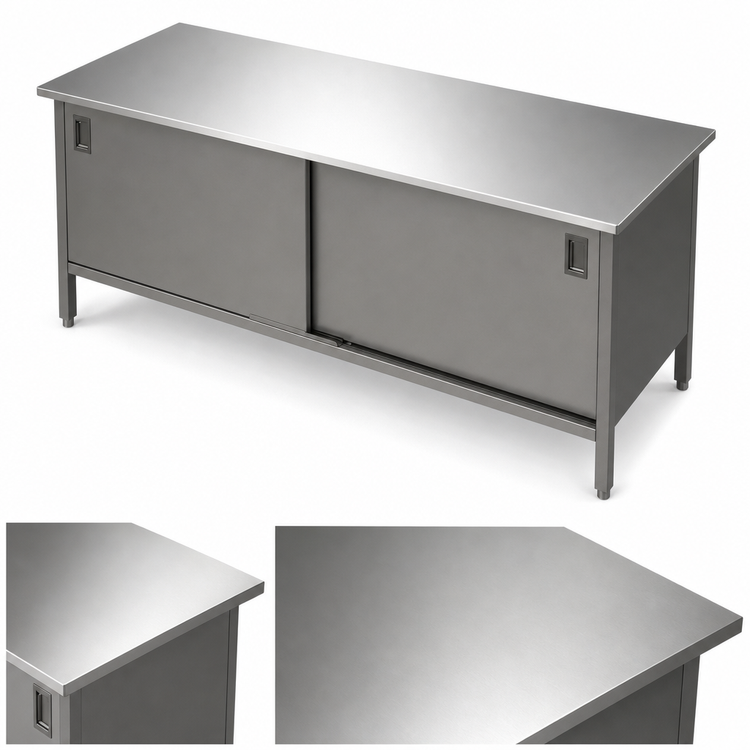 Product image #3 for John Boos 72" x 24" 16-Gauge 300 Series Stainless Steel Enclosed Work Table with Cabinet Base and Sliding Doors