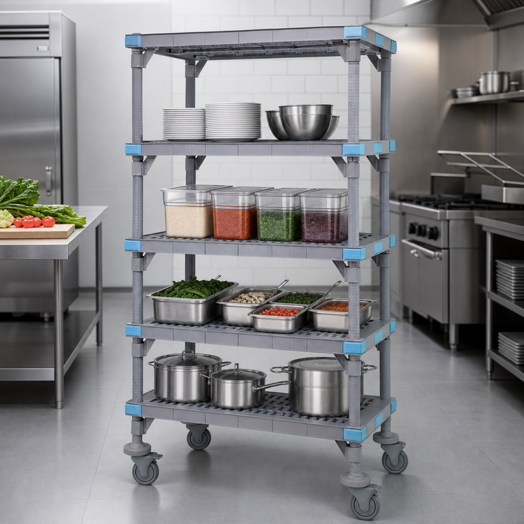 Product image #3 for Millenia Mobile Polymer Starter Shelving Unit with 4 Open Grid Shelves, 48 x 24 x 62 Inches