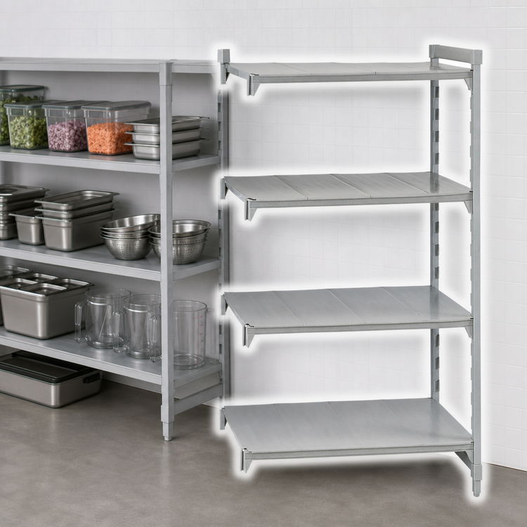 Product image #4 for Cambro Camshelving Premium Stationary 4-Tier Solid Add-On Polymer Shelving Unit, 18-Inch x 48-Inch x 64-Inch, Speckled Gray