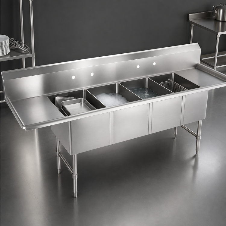 Product image #3 for John Boos B Series 4-Compartment Stainless Steel Sink with Dual Drainboards, 111-1/4 Inch Wide