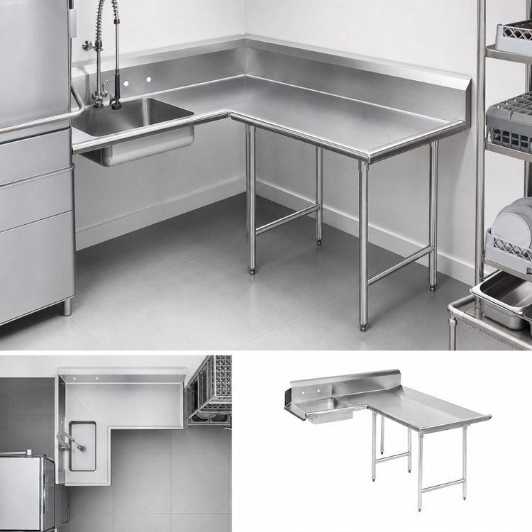 Product image #3 for Advance Tabco L-Shaped Corner Soil Dishtable with Landing and Pre-Rinse Sink, Right-Hand, 71 Inch, 16/304 Stainless Steel