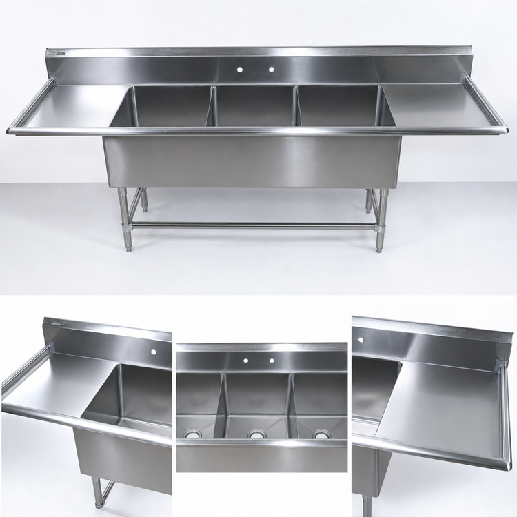 Product image #3 for John Boos Pro-Bowl 3-Compartment Sink with 30-Inch Left and Right Drainboards, 18" x 24" x 12" Bowls, 14-Gauge Stainless Steel