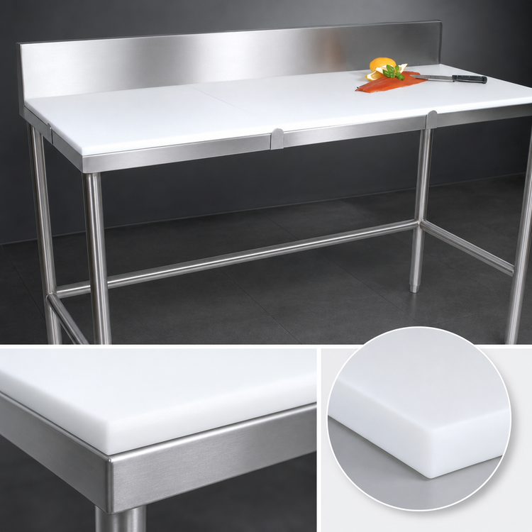 Product image #3 for John Boos 96 Inch x 24 Inch Reversible Poly Top Trimming Table with 6 Inch Backsplash and Stainless Steel Base