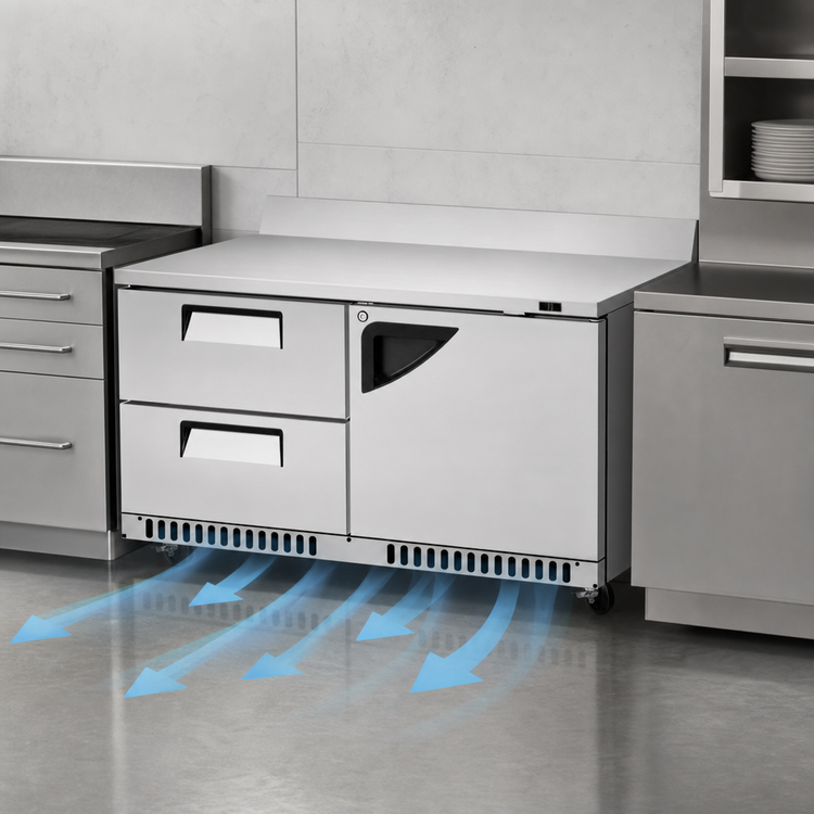 Product image #4 for Turbo Air Super Deluxe 60-1/4-Inch Stainless Steel Front-Breathing Two-Section Worktop Refrigerator with 1 Solid Door and 2 Drawers