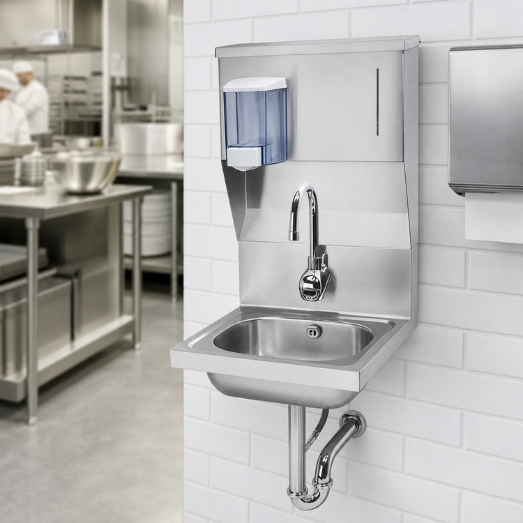 Product image #3 for 16-3/16-Inch Wall-Mounted Stainless Steel Hand Sink with Electronic Gooseneck Faucet, Soap & Towel Dispenser, and P-Trap