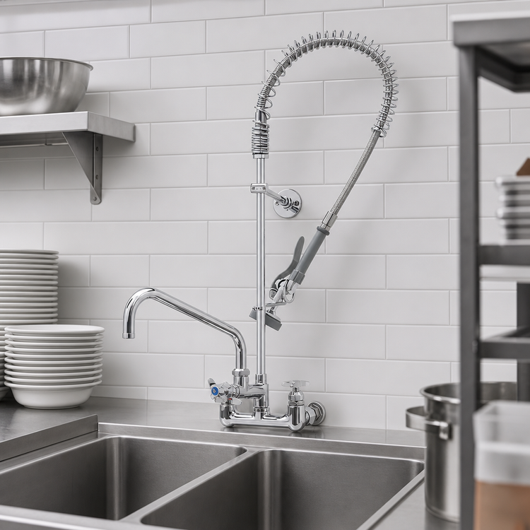Product image #3 for T&S Brass Big-Flo 8-Inch Wall Mount Add-On Mixing Faucet with 14-Inch Swing Nozzle and Pre-Rinse Spray Valve