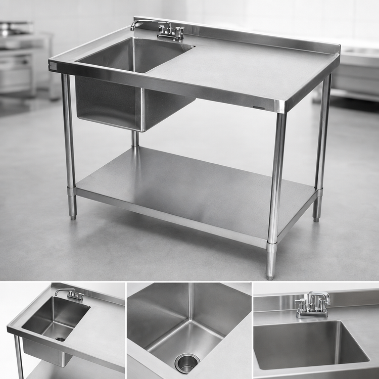 Product image #3 for Klinger's Trading 48-Inch Stainless Steel Work Table with Left-Side Prep Sink, Backsplash, and Undershelf
