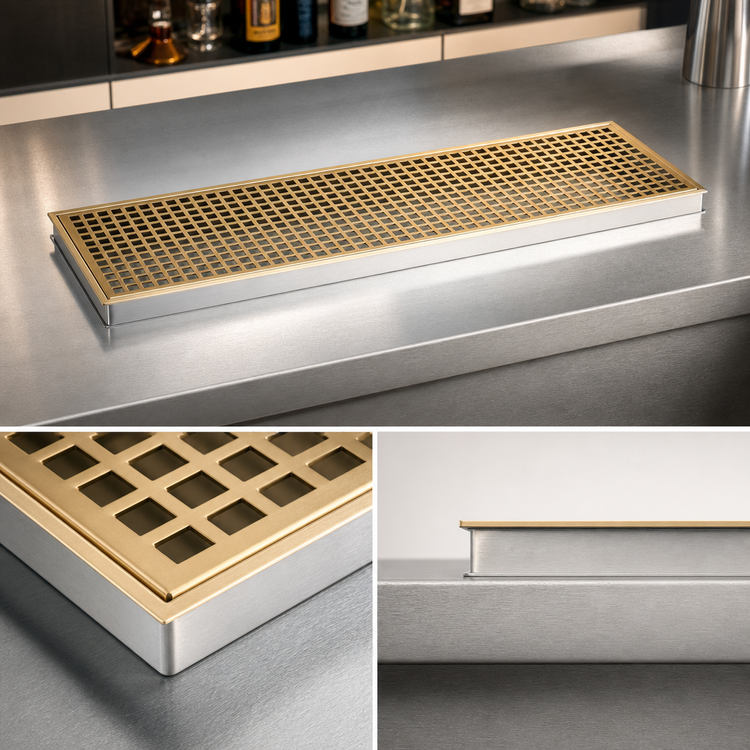Product image #3 for Surface-Mount Stainless Steel Drip Tray Trough with Perforated PVD Brass Screen, 20 x 8 Inch
