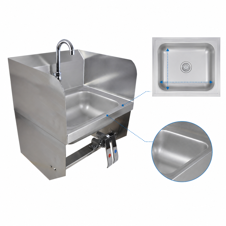 Product image #3 for BK Resources 14" x 10" Wall-Mounted Hand Sink Package with Knee Valve, Gooseneck Spout, and Dual Side Splashes
