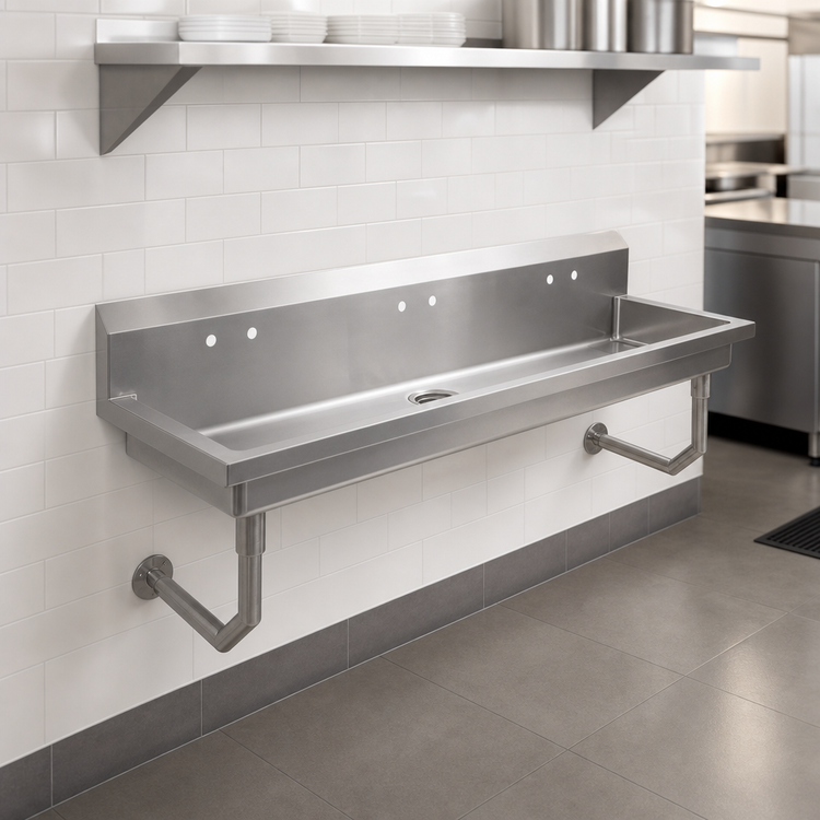 Product image #3 for John Boos Wall-Mount Multi-Station Hand Wash Sink, 60-Inch, 3 Sets of 4-Inch O.C. Faucet Holes, Stainless Steel