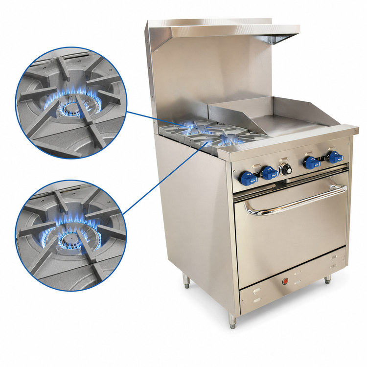 Product image #3 for Comstock-Castle 30-Inch Commercial Gas Range with 2 Open Burners, 18-Inch Griddle, and Standard Oven