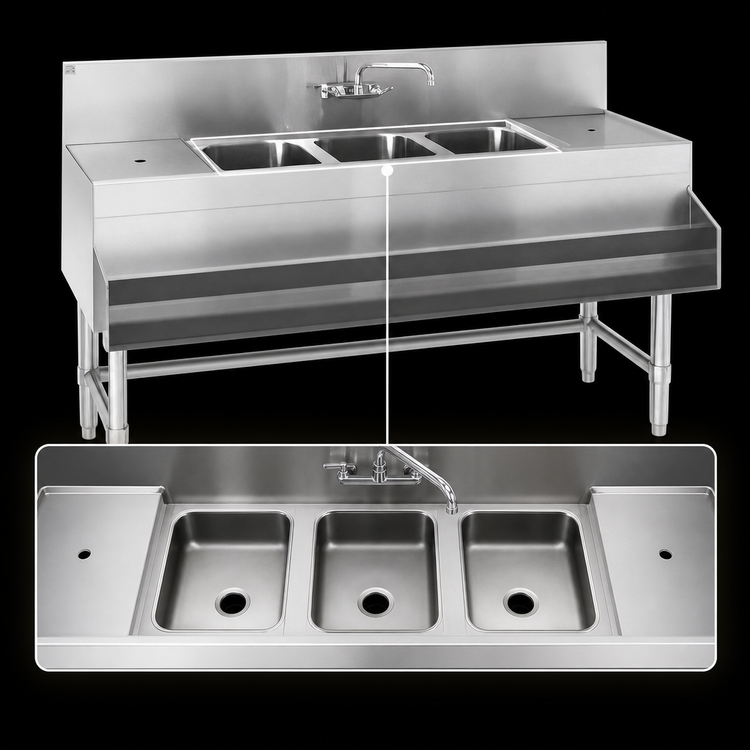Product image #3 for Spec-Bar 72-Inch Left Drainboard Three-Compartment Underbar Sink Unit, 24-Inch Deep