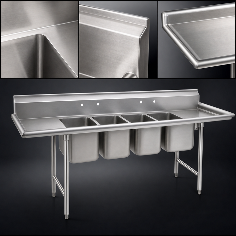 Product image #3 for Eagle Group 314 Series Four-Compartment Sink with 18-Inch Right-Hand Drainboard, 304 Stainless Steel