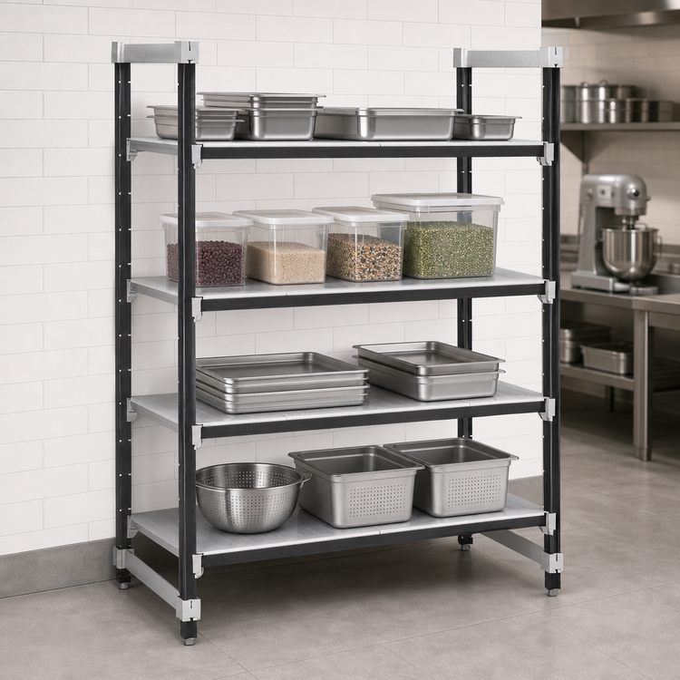 Product image #3 for Cambro Camshelving Elements XTRA 4-Shelf Solid Stationary Starter Polymer Shelving Unit, 24" D x 72" L x 64" H, Speckled Gray