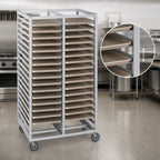 Thumbnail image #3 for Channel Manufacturing 467A Double-Section Aluminum Cafeteria Tray Rack with Casters, 48-Tray Capacity for 15 x 20-Inch Trays