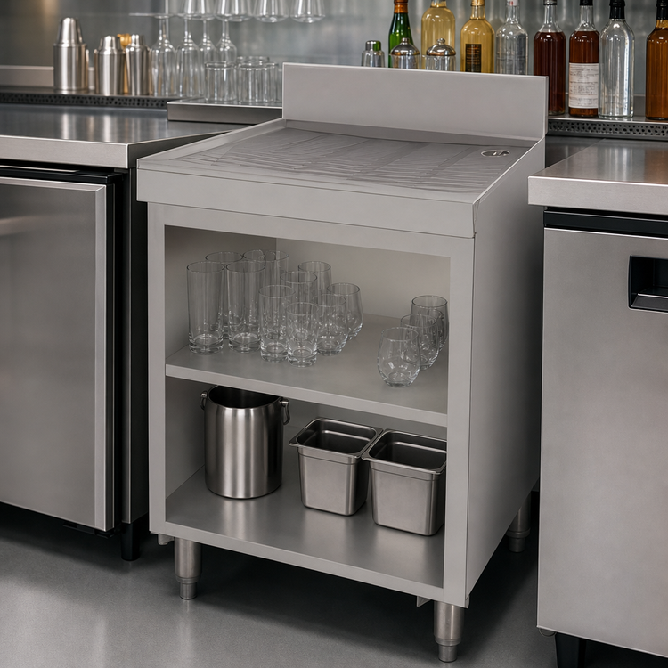 Product image #3 for Advance Tabco Underbar Basics 30-Inch Stainless Steel Freestanding Drainboard with Open Cabinet Base and Mid-Shelf