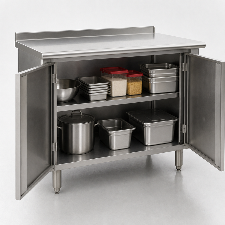 Product image #3 for Spec-Master 60 Inch x 24 Inch 14-Gauge 304 Stainless Steel Enclosed Work Table with Cabinet Base and Hinged Doors