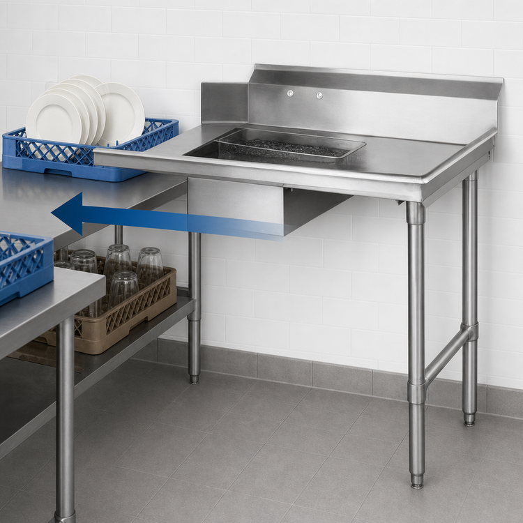 Product image #3 for CMA Dishmachines SR-60 Straight Soiled Dishtable with Right-to-Left Operation and 20 x 20 x 5-Inch Pre-Rinse Sink
