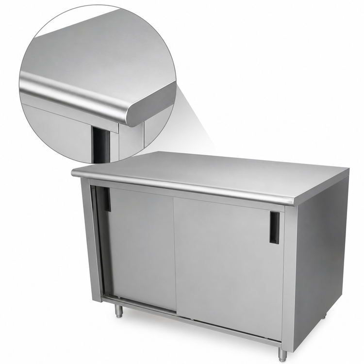 Product image #3 for Advance Tabco 108" x 36" 14-Gauge 304 Stainless Steel Enclosed Work Table with Cabinet Base and Sliding Doors