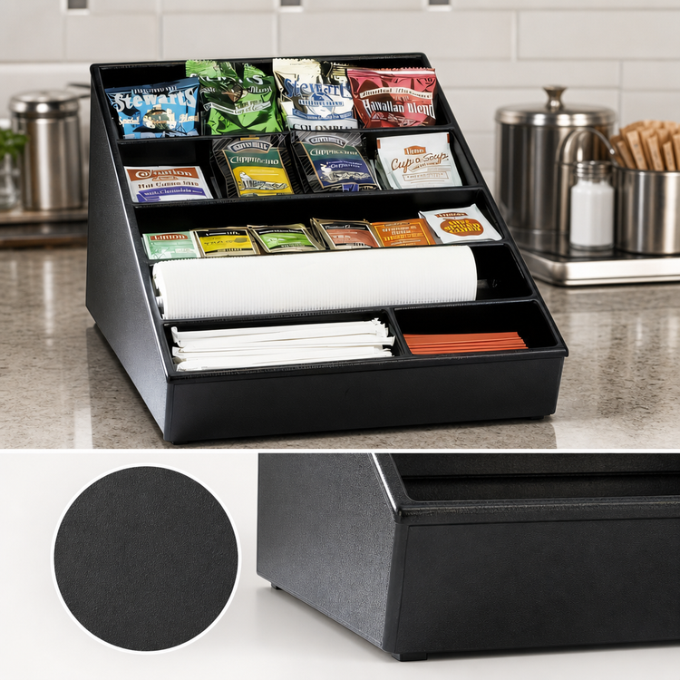 Product image #3 for Dispense-Rite WLS-1BT Wide Black Polystyrene Lid, Straw & Condiment Organizer with ABS Top