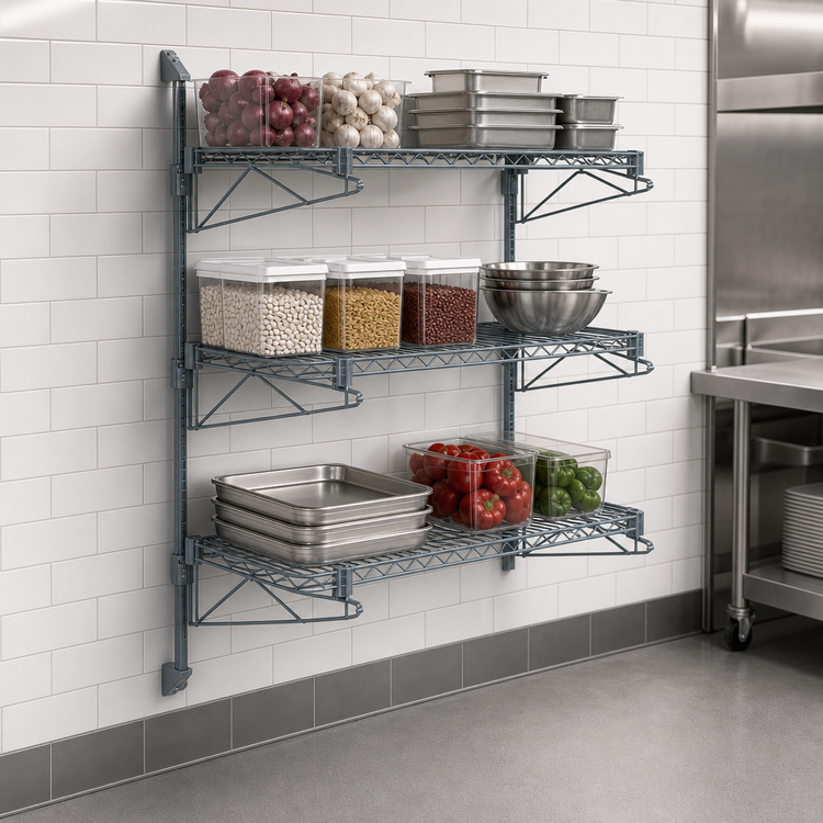 Product image #3 for Quantum Wall-Mount Cantilever Wire Shelving Starter Unit, 3 Shelves, 54-Inch Posts, Gray Epoxy Antimicrobial Finish