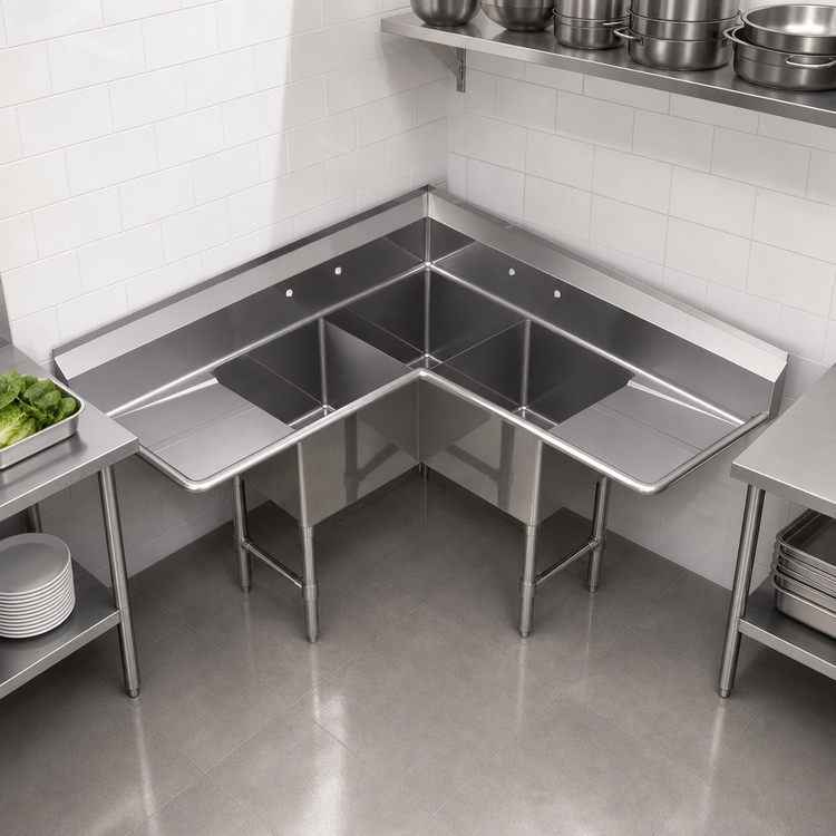 Product image #3 for Sapphire Manufacturing Corner 3-Compartment Sink with Dual Drainboards, 57-Inch Corner-to-Edge, 18/304 Stainless Steel