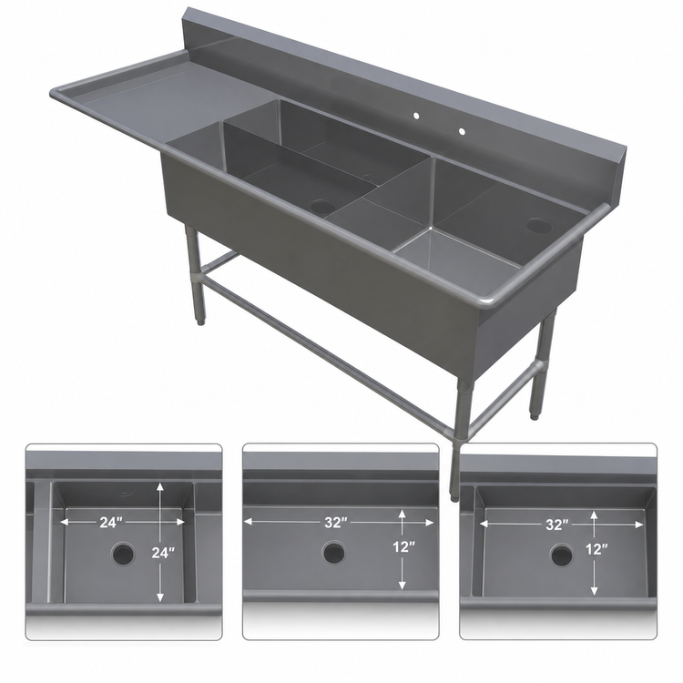 Product image #3 for John Boos Pro-Bowl 3-Compartment Platter Sink with Left Drainboard, 84-3/16 in. W x 29-1/2 in. D