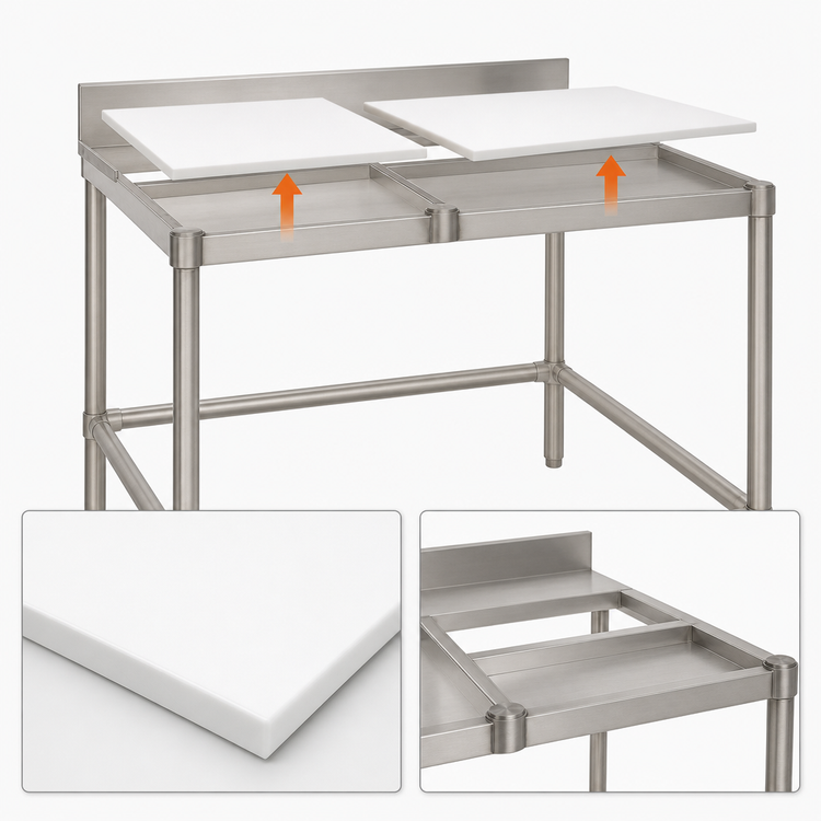 Product image #3 for Eagle Group TB3060S 60 Inch x 30 Inch Poly Top Trimming Table with 4 Inch Backsplash and Open Tubular Stainless Steel Base