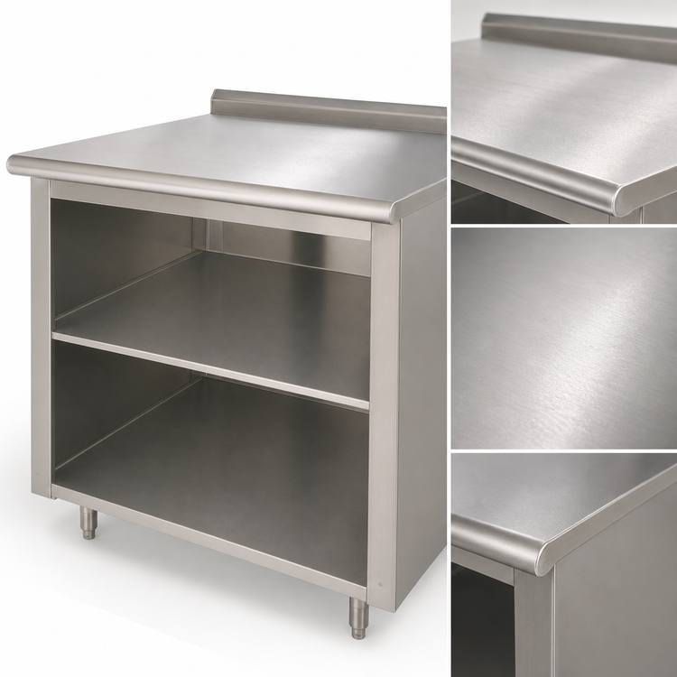 Product image #3 for Advance Tabco 144-Inch W x 24-Inch D Stainless Steel Work Table with Open Front Cabinet Base, Fixed Mid-Shelf, and 1-1/2-Inch Rear Up-Turn