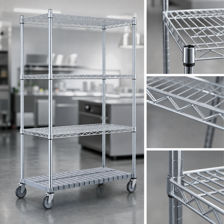 Product image #3 for Eagle QuadTruss Mobile 4-Tier Wire Shelving Starter Unit with Dunnage Shelf, 48 x 24 x 79 Inches, Zinc Finish