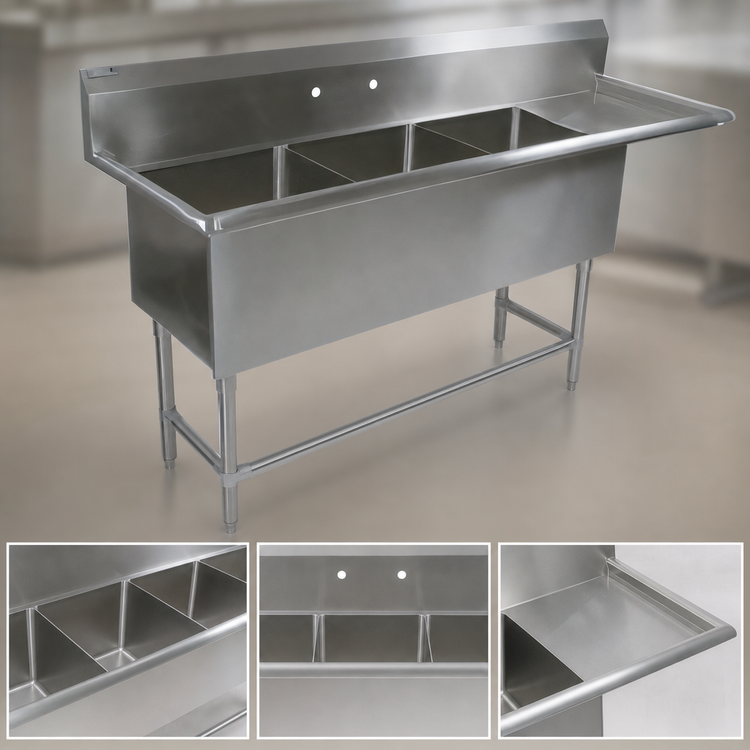 Product image #3 for John Boos Pro-Bowl 3-Compartment Sink with Right Drainboard, 20 x 20 x 14-Inch Bowls