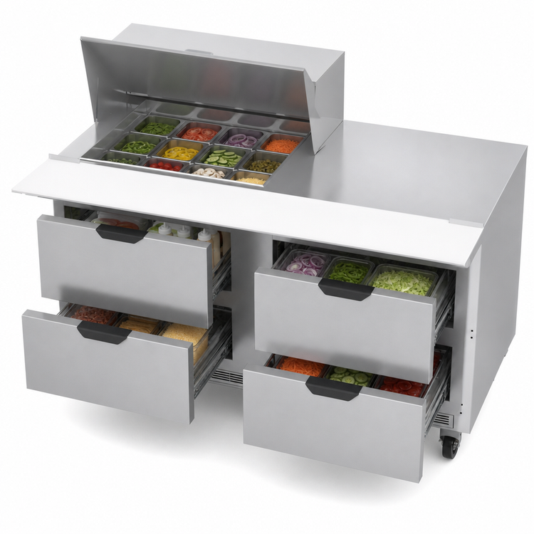 Product image #4 for Beverage-Air Two-Section Mega Top Refrigerated Prep Table with 4 Drawers, 12-Pan Top, 60-Inch