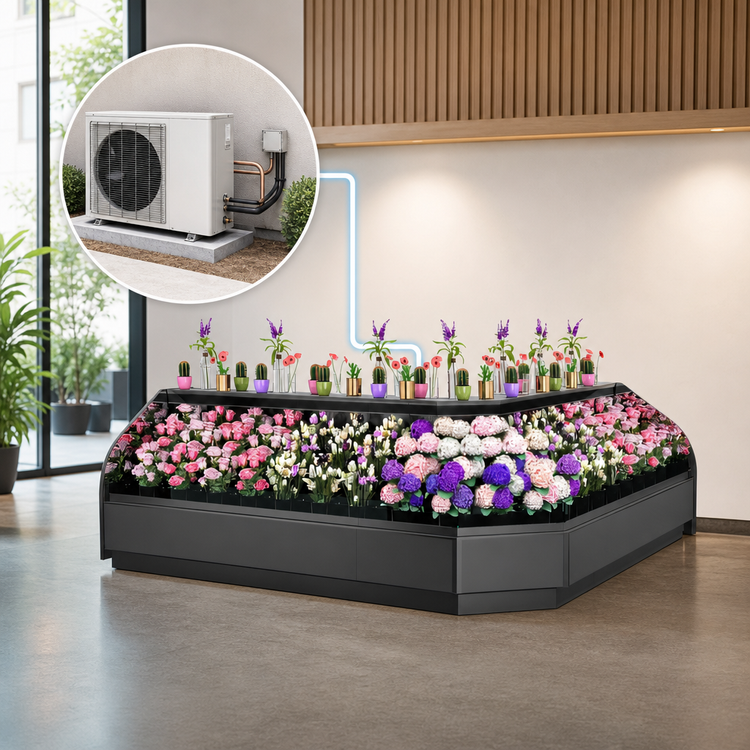 Product image #3 for Allure Self-Service Refrigerated Outside Wrap Low-Profile Open-Air Merchandiser, 137-1/4 Inch W x 41-3/8 Inch D x 50-5/8 Inch H, Remote DX, Black