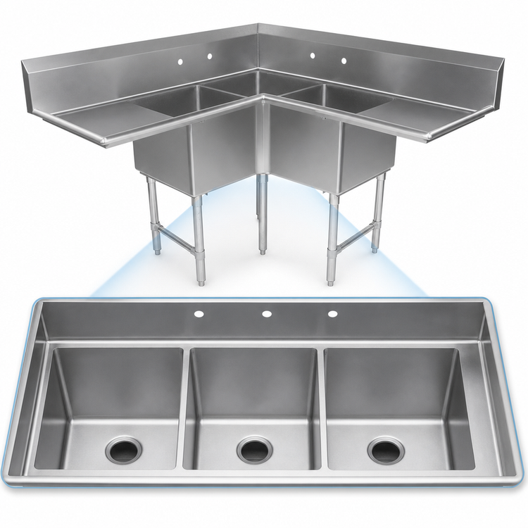Product image #3 for John Boos Pro-Bowl 3-Compartment Corner Sink with Dual 18-Inch Drainboards, 16/300 Stainless Steel